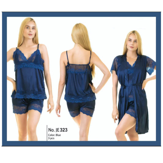 Two Hearts 3 Pieces Silk Nightwear & Lingerie Women & Girls - Blue
