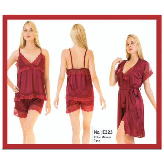 Two Hearts 3 Pieces Silk Nightwear & Lingerie Women & Girls - Maroon