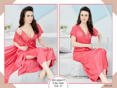 Tee Dot Silk 2-Pieces Deap V-Neck Bridal Nightwear With Gown For Girls & Women - Baby Pink