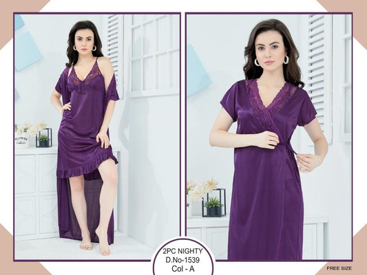 Tee Dot 2-pieces Bridal Nightwear Nighty & Gown For Girls & Women -  Purple