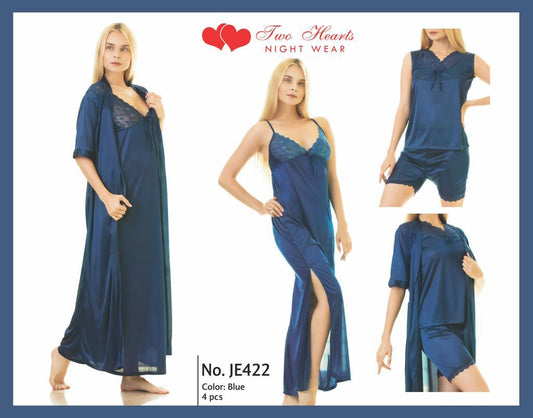 Two Hearts 4 Piece Silk Nightwear & Lingerie For Girls & Women - Blue
