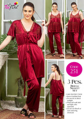 Tee Dot Viscose 3-Pieces Bridal Nightwear For Girls & Women - maroon