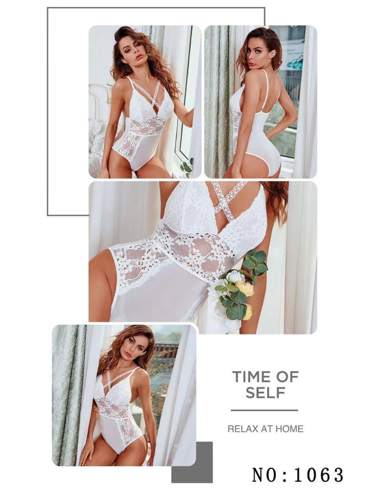 Baby Doll Roleplay Bodysuit Lingerie Embroidered Lace Seam Rhinestone Nightwear