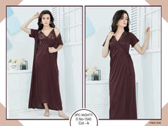 Tee Dot Silk 2-Pieces Deap V-Neck Bridal Nightwear With Gown For Girls & Women - Brown