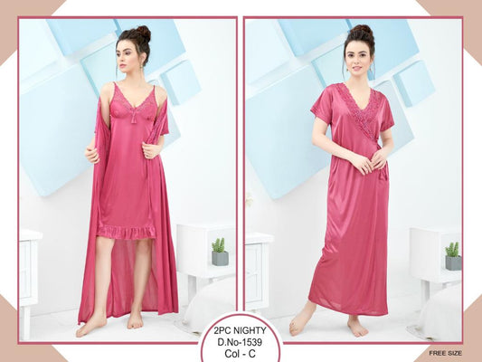 Tee Dot 2-pieces Bridal Nightwear Nighty & Gown For Girls & Women -  Pink