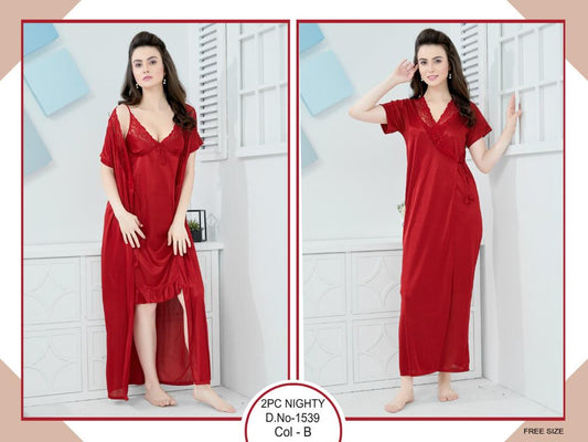 Tee Dot 2-pieces Bridal Nightwear Nighty & Gown For Girls & Women -  Red