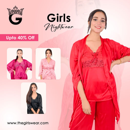 Buy PLAY LOUNGEWEAR Womens Solid Satin Nightwear | Nighty | Baby Doll Night  | One Piece Bikini Lingerie | 3 Piece Set (Pink) at Amazon.in
