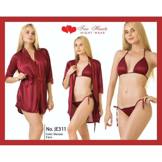 Two Hearts 3 Pieces Silk Nightwear & Lingerie with Short Gown for Women & Girls