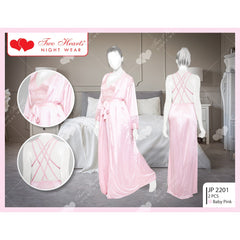 Two Hearts 2 Piece Silk Nightwear Inner + Gown For Girls & Women