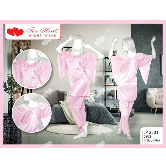 Two Hearts 2 Piece Silk Nightwear Shirt + Trouser For Girls & Women