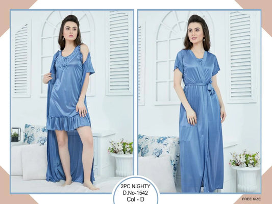 Tee Dot 2-pieces Bridal Nightwear Short Nighty & Gown For Girls & Women - Light Blue
