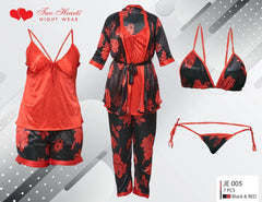 Two Hearts 7 Pieces Silk Nightwear & Lingerie For Girls & Women - Black & Red