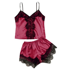 Yanni Sexy Lace Satin Sleepwear Suit Women Solid Color Fashion Sleeveless Top Shorts Pajama Sets - Maroon