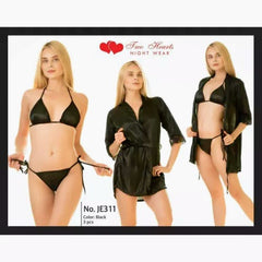 Two Hearts 3 Pieces Silk Nightwear & Lingerie with Short Gown for Women & Girls - Black
