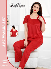 Tee Dot 2- Pieces Short Sleeves Silk Nightwear With Pajama For Girls & Women - Red