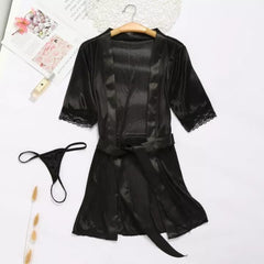 Girls Wear Women's Lace Splice Lingerie Sleepwear Nightdress Robe Babydoll Underwear 2pcs Set - Black