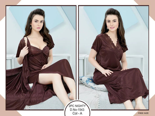 Tee Dot 2-pieces Bridal Nightwear With Lace For Girls & Women - Dark Brown