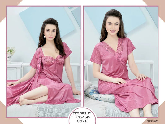 Tee Dot 2-pieces Bridal Nightwear With Lace For Girls & Women - Dark Pink