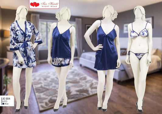 Two Hearts 6 Pieces Silk Nightwear & Lingerie For Girls & Women - Blue
