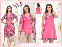 Tee Dot Silk 2-Pieces Printed Bridal Nightwear With Gown For Girls & Women - Pink