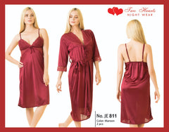 Two Hearts 2 Piece Silk Nightwear For Girls & Women - Maroon