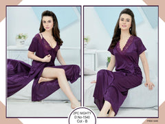 Tee Dot Silk 2-Pieces Deap V-Neck Bridal Nightwear With Gown For Girls & Women - Purple