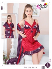Tee Dot Silk 2-Pieces Printed Bridal Nightwear With Gown For Girls & Women - Purple