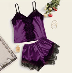 Yanni Sexy Lace Satin Sleepwear Suit Women Solid Color Fashion Sleeveless Top Shorts Pajama Sets - Purple