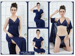 Tee Dot 6-pieces Bridal Nightwear With Net Bra & Panty For Girls & Women - Blue