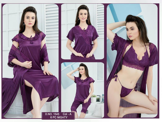 Tee Dot 6-pieces Bridal Nightwear With Bra & Panty For Girls & Women - Purple