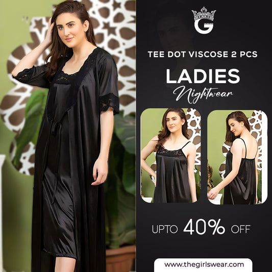 Tee Dot Viscose 2-Pieces Bridal Nightwear With Gown For Girls & Women - Black