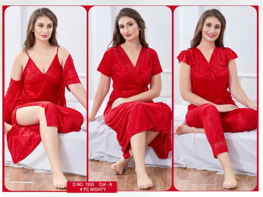Tee Dot 4-pieces Bridal Nightwear For Girls & Women - Red
