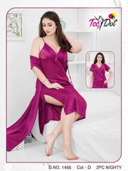 Tee Dot Silk 2-Pieces V-Neck Bridal Nightwear With Gown For Girls & Women - Purple