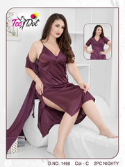 Tee Dot Silk 2-Pieces V-Neck Bridal Nightwear With Gown For Girls & Women - Wine Berry